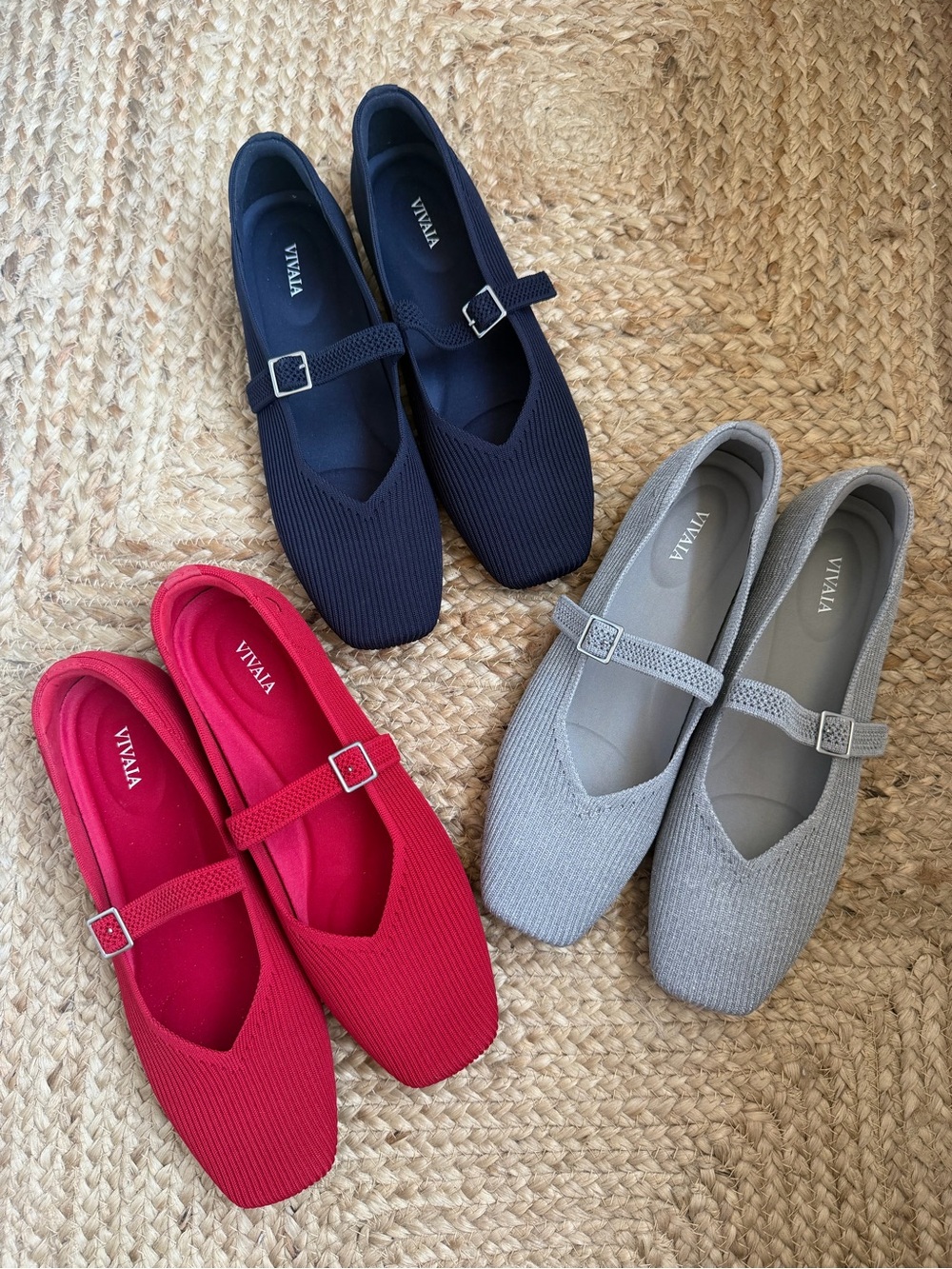 VIVAIA Navy Red and Silver Margot Mary Janes Flats Square Toe Ribbed Shoes